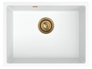 Sink Quality Crypton 60, kuchynský granitový drez 535x400x205 mm + zlatý sifón, biela, SKQ-CRY.W.1KBO.60.XG