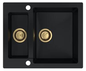 Sink Quality Ferrum, kuchynský granitový drez 605x495x210 mm + zlatý sifón, čierna, SKQ-FER.C.5KBO.XG