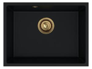 Sink Quality Crypton 60, kuchynský granitový drez 535x400x205 mm + zlatý sifón, čierna, SKQ-CRY.C.1KBO.60.XG