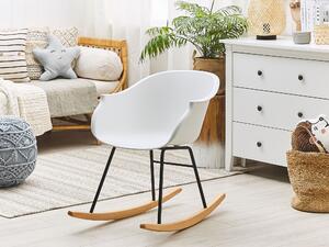 Hojdacia stolička biela syntetický materiál kovové nohy hojdacie lišty z masívneho dreva moderná v škandinávskom štýle