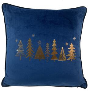 Vianočný štvorcový modrý velúrový vankúš s motívom zlatých stromčekov 40 x 40 cm 35524