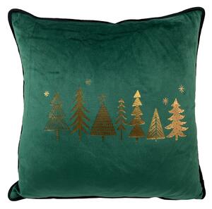 Vianočný štvorcový zelený velúrový vankúš s motívom zlatých stromčekov 40 x 40 cm 35525