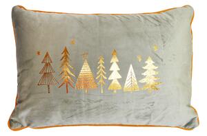 Vianočný obdĺžnikový mentolový velúrový vankúš s motívom zlatých stromčekov 45 x 30cm 35540