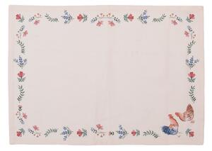 Bavlnený krémový vzorovaný obrus ako stolová podložka s lemovaním kvetov s motívom kohúta a sliepky 50 x 35 cm Clayre & Eef 35619