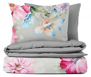 Ervi DELUXE Collection Saténové DUO obliečky - Maľované ružové a fialové kvety/sivé
