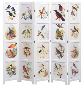 5-panelový paraván biely 175x165 cm vtáky