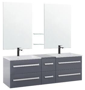 Sada kúpeľňového nábytku sivá 7 dielna moderná nástenná skrinka s 2 zrkadlovými umývadlami a sklenenými policami