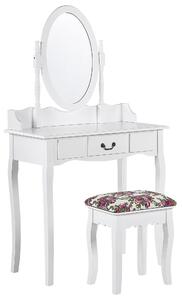 Biely toaletný stolík so zásuvkou, oválne zrkadlo so stoličkou, retro štýl do spálne