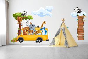Nálepka pre deti veselé safari zvieratká cestujúce v autobuse 80 x 160 cm