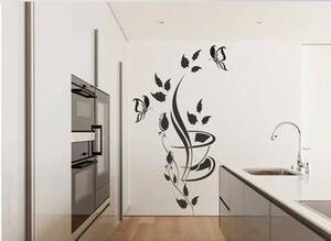 Nálepka na stenu do kuchyne s motívom kvetov, motýľa a šálky