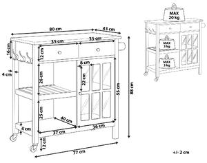 Kuchynský vozík biely z ľahkého dreva MDF so zásuvkami, policami a skrinkou na kolieskach pre servírovanie
