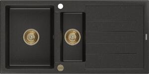 Mexen Andres, granitový drez 1000x500x200 mm, 1,5-komorový, čierna so zlatou metalízou a zlatým sifónom, 6515101510-75-G