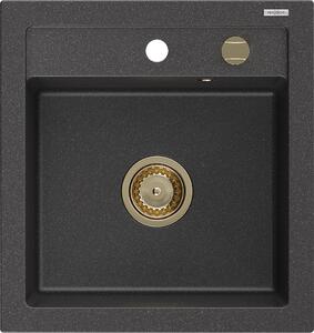 Mexen Vito, granitový drez 520x490x210 mm, 1-komorový, čierna škvrnitá so zlatým sifónom, 6503521000-76-G