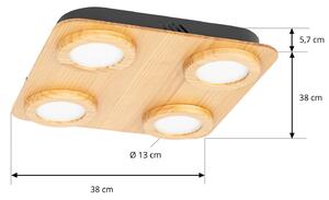Lindby LED reflektor Joren, drevo, 38 x 38 cm, 4 svetlá, 3 000 K