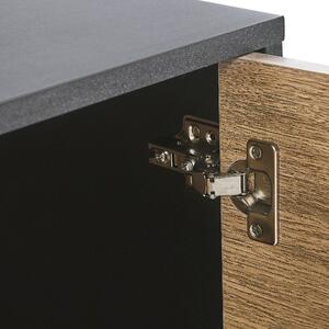 Čierna komoda sa štvordverovou drevotrieskovou doskou zo svetlého dreva s 2 policovými úložnými skrinkami do obývacej izby