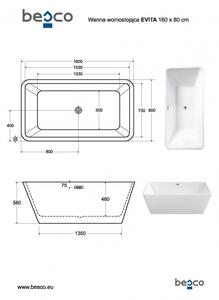 BESCO vaňa voľne stojaca EVITA, 1600×800, biela, sifón chróm, sanitárny akrylát VANEVITA160 - Besco