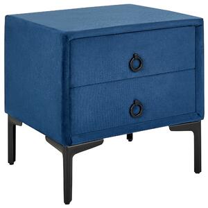 Nočný stolík modrý čalúnený zamat 2 zásuvky čierne kovové nohy bočný stolík moderné