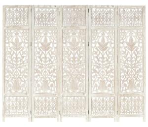 Ručne vyrezávaný 5-panelový paraván biely 200x165 cm mangovníkový masív