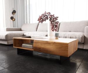 DELIFE Konferenčný stolík New Live-Edge 115x60 cm akácia prírodná 2 zásuvky 1 priehradka závesná kov čierna