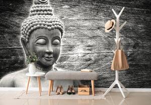 Tapeta čiernobiela socha Budhu na drevenom pozadí