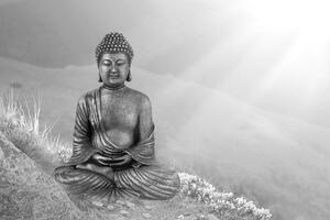 Tapeta čiernobiely Budha v meditujúcej polohe