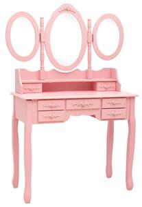 Toaletný stolík so stoličkou a 3-dielnym zrkadlom ružový