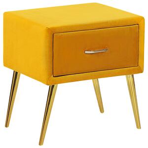 Nočný stolík žltý zamatový čalúnený 1 zásuvka minimalistický dizajn nábytok do spálne