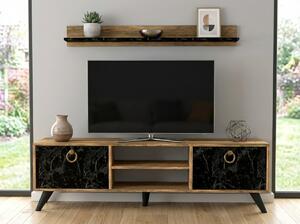 TV stolík ZEN 160 cm s nástennou poličkou, dekor orech/čierny mramor