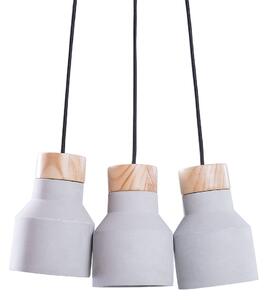 Závesná lampa zo sivého betónu a dreva s 3 lampami v priemyselnom štýle v tvare zvona