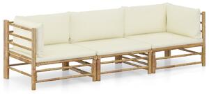 3-dielna záhradná sedacia súprava, krémové podložky, bambus