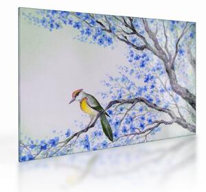 Sklenený obraz - Vtáčik na strome s modrými kvetmi (70x50 cm)