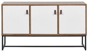 Komoda zo svetlého dreva s bielou, kovový rám 62 x 112 cm, moderná obdĺžniková televízna skriňa s 3 dverami do obývacej izby v spálni