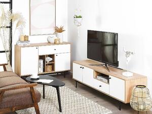 TV stolík dub s bielou, upravené drevo, TV až 75 ʺ, šuplíky, skrinky