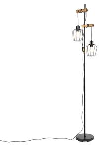 Vidiecka stojanová lampa čierna s drevom 2 -svetelná - Stronk