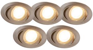 Sada 5 ks moderných oceľových zapustených bodových svietidiel vrátane LED 3-stupňovo stmievateľných - Mio
