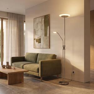 Lindby LED stojacia lampa Jonne, okrúhla, s ramenom na čítanie, stmievateľné,, Hliník / sivá / zinok, Obývacia izba / jedáleň, kov, Moderný, Zemné bodové svetlo