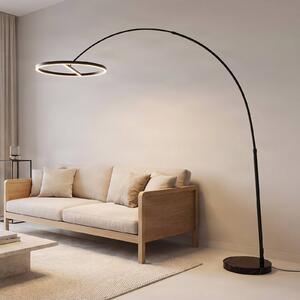 Lucande LED oblúková stojacia lampa Virvera, okrúhla, čierna, kov, Čierna, Obývacia izba / jedáleň, Hliník, Moderný, Oblúková stojaca lampa