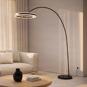 Lucande Oblúková lampa LED Yekta, čierna, 183 cm, stmievateľná, Čierna, Obývacia izba / jedáleň, kov, Dizajn, Oblúková stojaca lampa