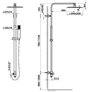 Sapho, sprchový stĺp k napojeniu na batériu, pevná a ručná sprcha, hranatý, chróm, 1202-29