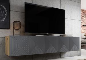 Závesná RTV skrinka Asha 200 cm s ryhovaným frontom - dub artisan / rivier stone mat