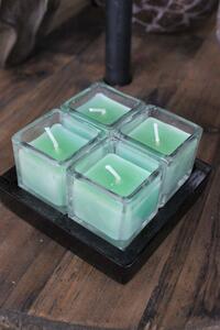 Zelené sviečky v skle na drevenej tácke 11cm