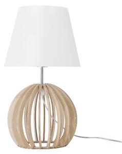 Stolná lampa svetlé drevo drevený podstavec biele látkové tienidlo okrúhly tvar moderný štýl obývačka spálňa