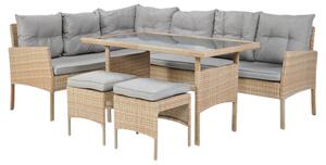 Ratanový set: Rohový gauč, 2 taburety a stôl - hnedý so sivými vankúšmi