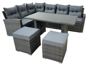 Ratanový set: Rohový gauč + stolík + 2 taburety - sivý so sivými vankúšmi