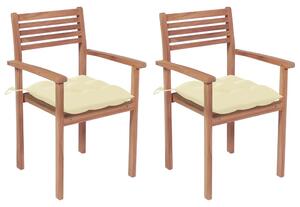 Záhradné stoličky 2 ks krémovo-biele podložky teakový masív