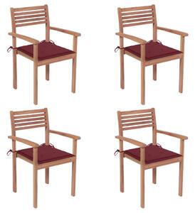 Záhradné stoličky 4 ks, vínovo červené podložky, tíkový masív