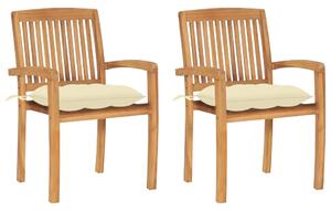 Záhradné stoličky 2 ks krémovo-biele podložky tíkový masív