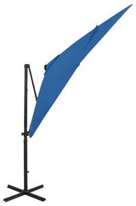 Závesný slnečník s tyčou a LED svetlami azúrovo-modrý 250 cm