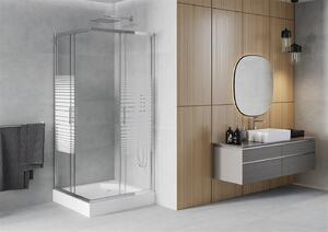 Mexen Rio, štvorcový sprchovací kút s posuvnými dverami 90 x 90 cm, 5mm číre sklo/pásy, chrómový profil + biela vysoká sprchová vanička Rio, 860-090-090-01-20-4510