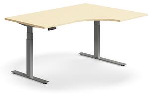 Výškovo nastaviteľný stôl QBUS, rohový, 1600x1200 mm, strieborný rám, breza